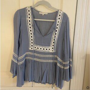 Endless Rose Blue Eyelet Trim Bell Sleeve Peplum Blouse Size Small